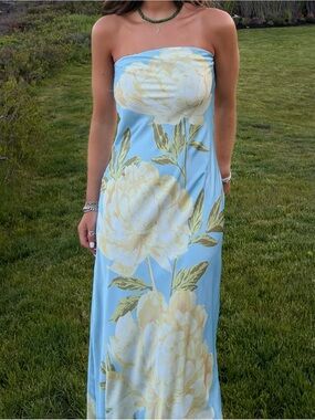 Joie Strapless Floral Long Dress in Light Blue and Cream